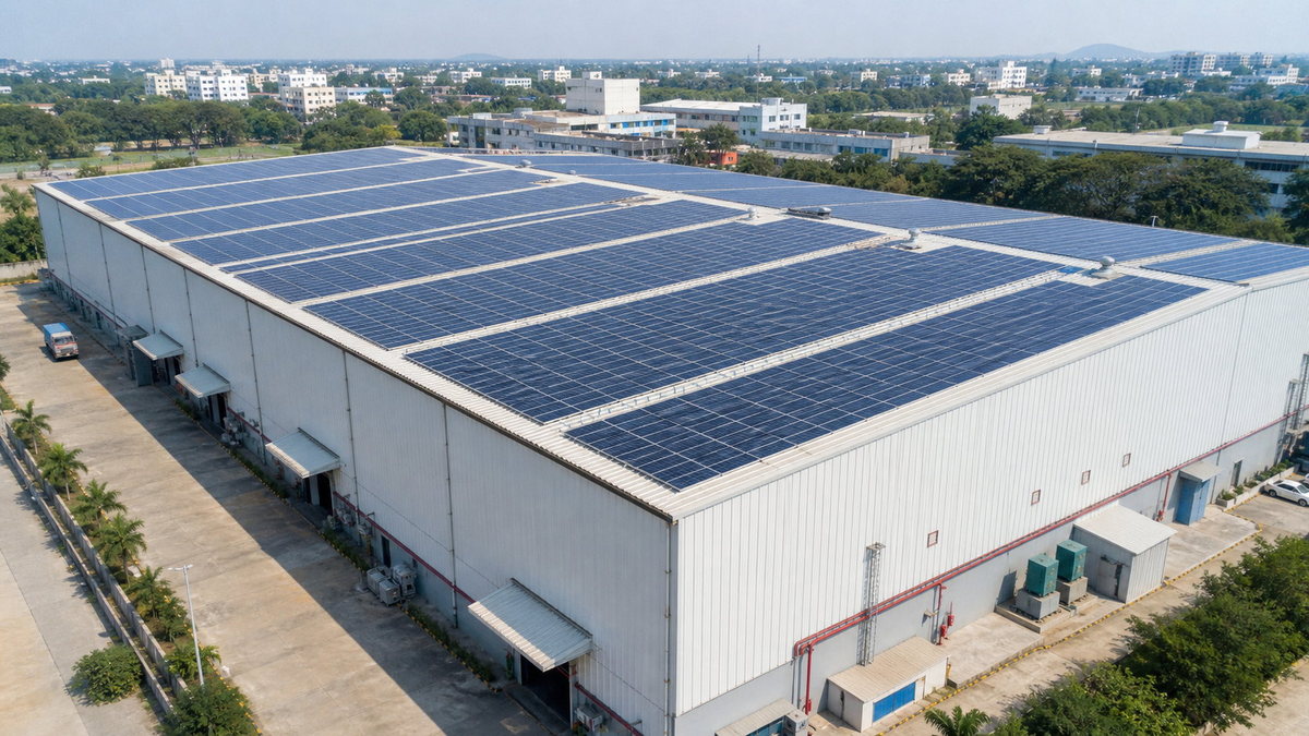 Industrial rooftop solar system on a factory in India