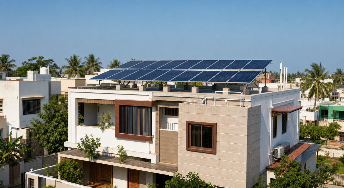 Residential rooftop solar system on an Indian home