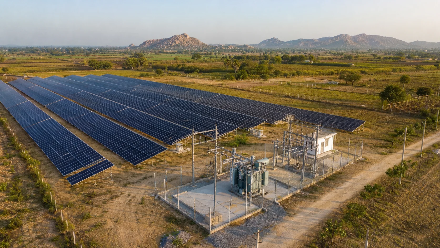 Representative ground-mounted solar power plant with grid interconnection in rural Andhra Pradesh