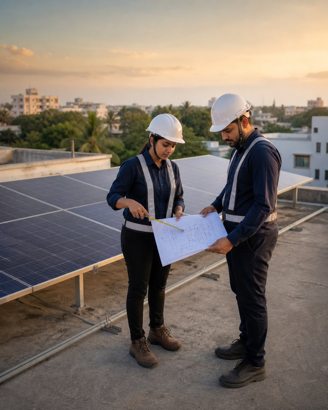 Solar EPC engineers completing a rooftop site assessment